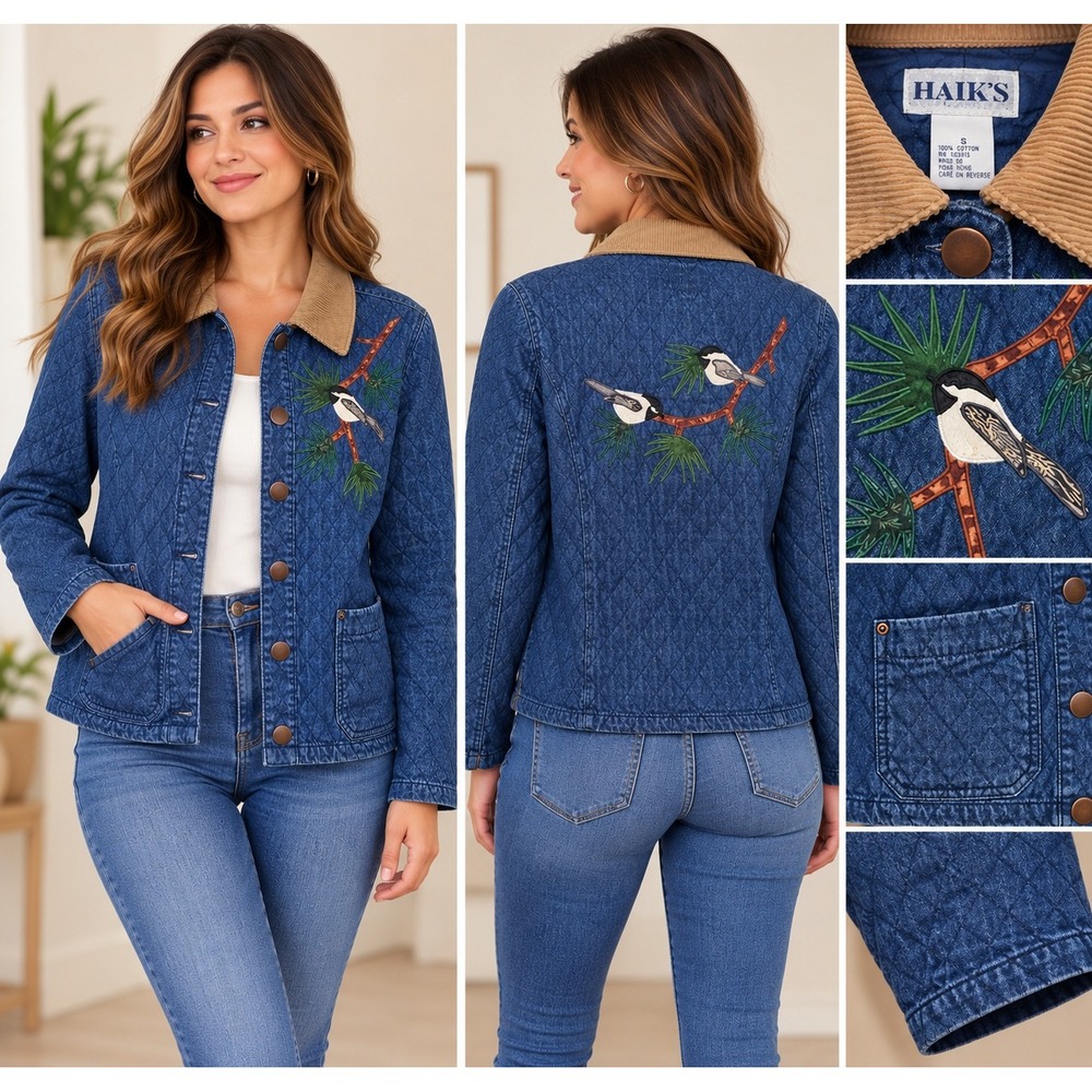 Haik's Quilted Denim Jacket Womens Small Chickadee Bird Embroidery Corduroy Blue